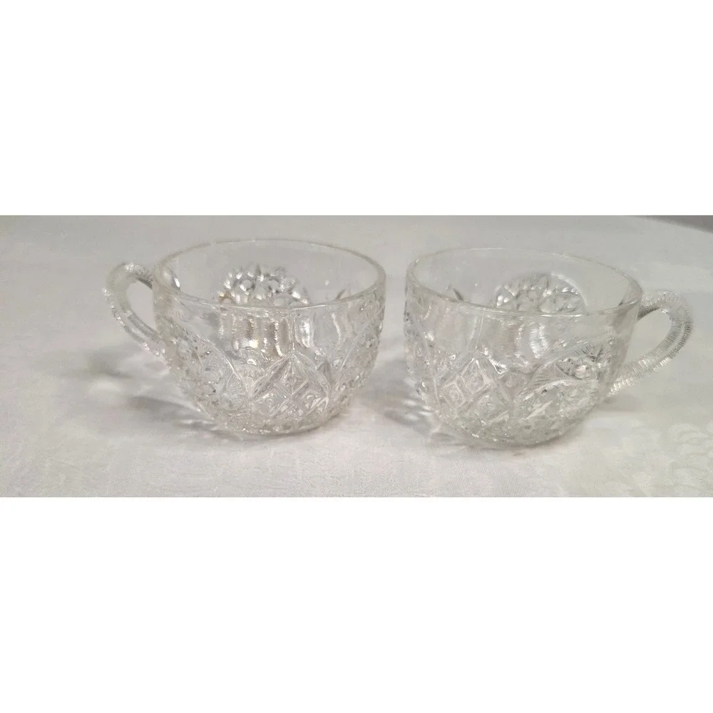 Vintage Pressed Glass Punch Cups Set of 2 Diamond Starburst Pattern Clear Glass